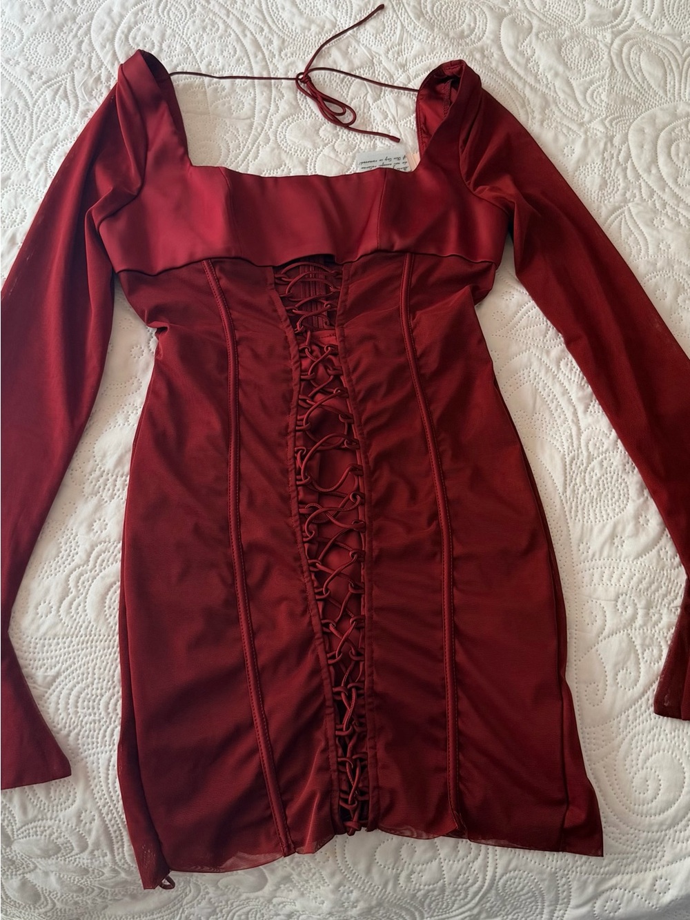 Oh Polly Burgundy Lace-Up Long Sleeve Mini Dress